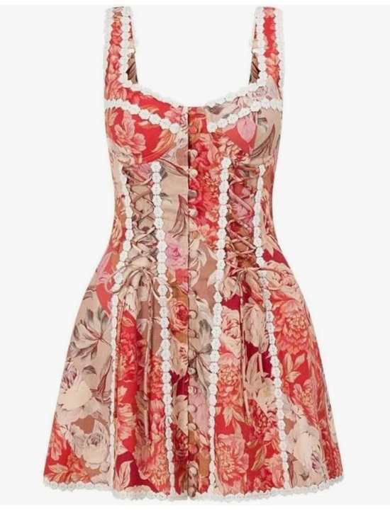 Dresses & Skirts - Floral Lace-Trim Corset Mini Dress - Red & Cream